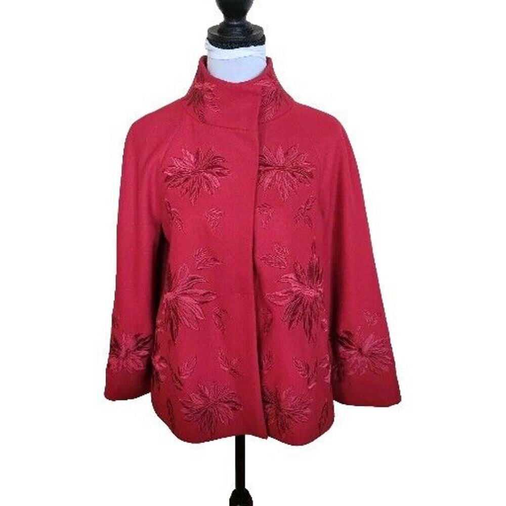 BOSTON PROPER HOLIDAY SWING RED EMBROIDERED LINED COAT JACKET SIZE MEDIUM